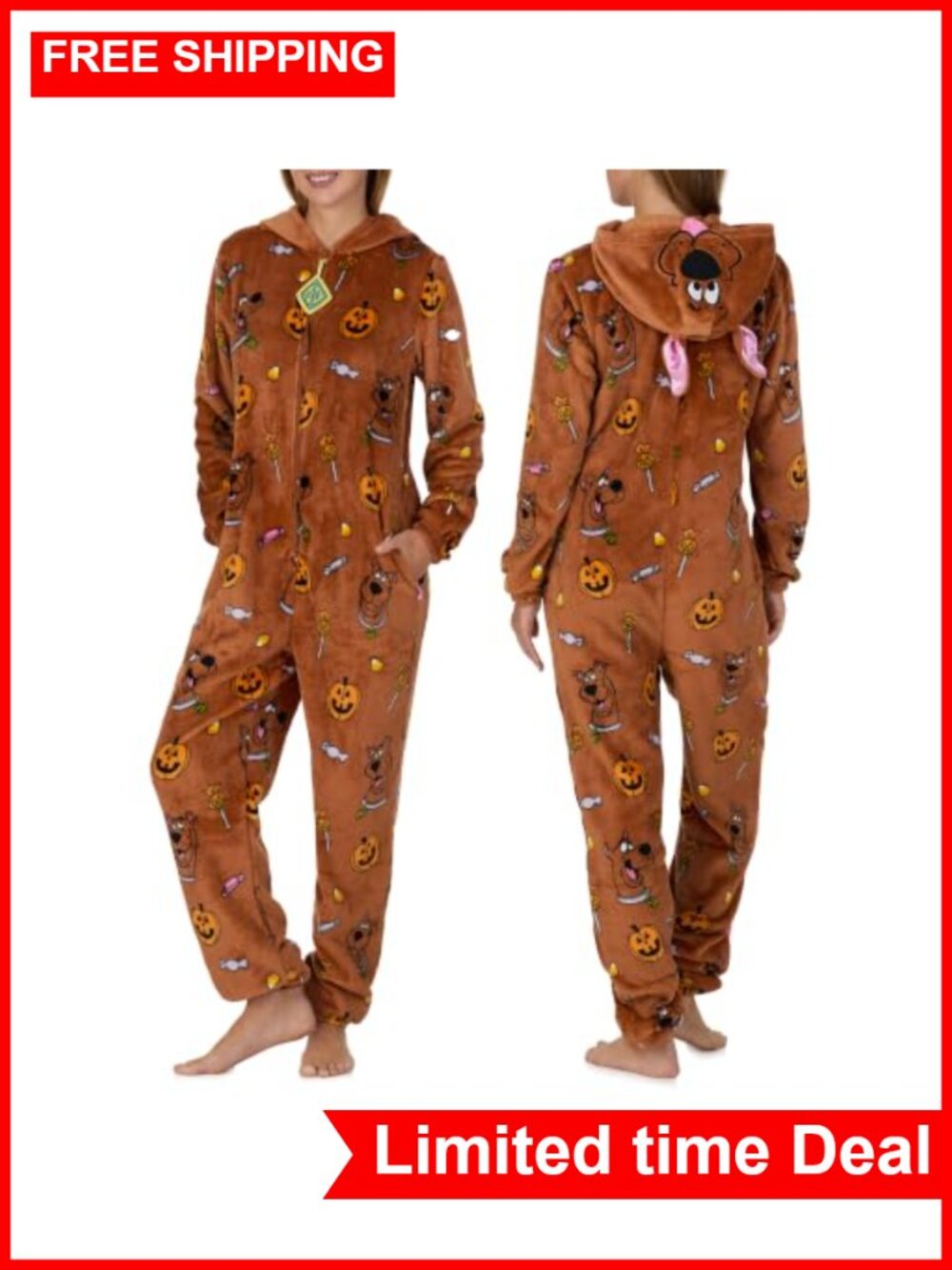 Women's Halloween Onesie Pajama Zip Up Hooded Sleeper Pockets